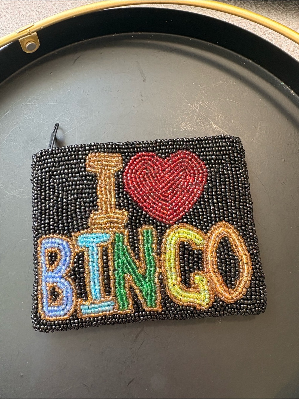 Hand Beaded "I ♥ Bingo" Zip Pouch - Black with Multicolor Lettering. Both sides